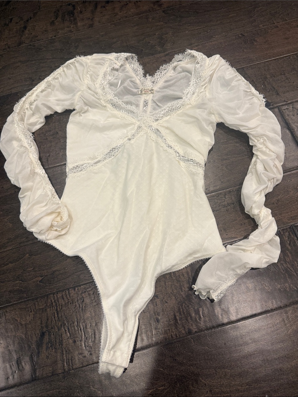 Free People Ivory Lace-Trim Long Sleeve Bodysuit